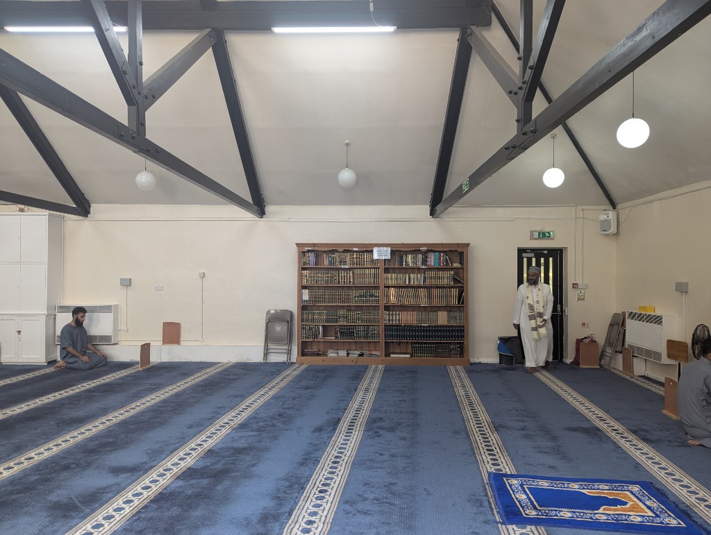 The prayer hall at Beaumont Leys Masjid